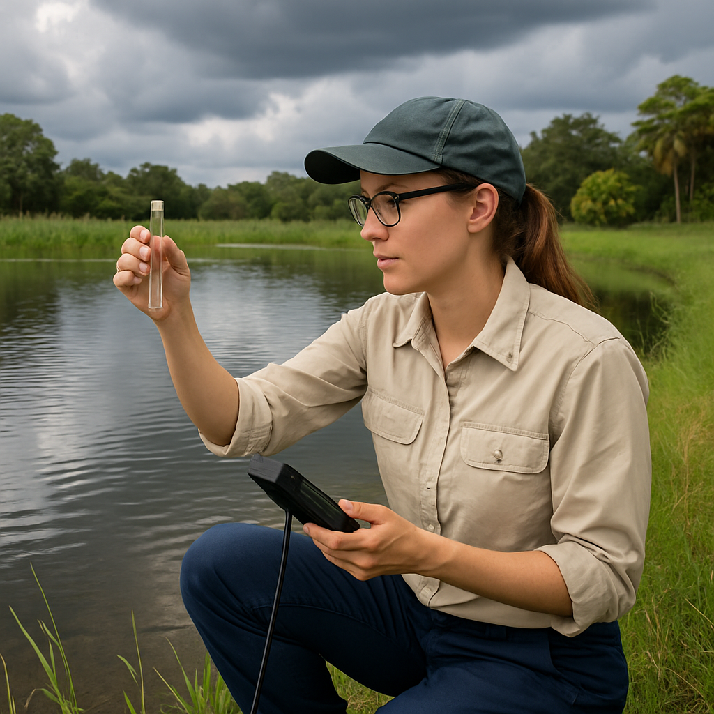 professional conducting stormwater biologist conducting water quality assessment at Florida pond